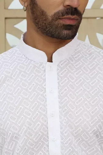 White cotton chikankari embroidered straight kurta with pyjama