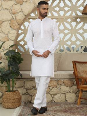 White cotton chikankari embroidered straight kurta with pyjama 3