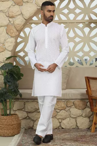 White cotton chikankari embroidered straight kurta with pyjama