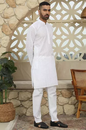 White cotton chikankari embroidered straight kurta with pyjama