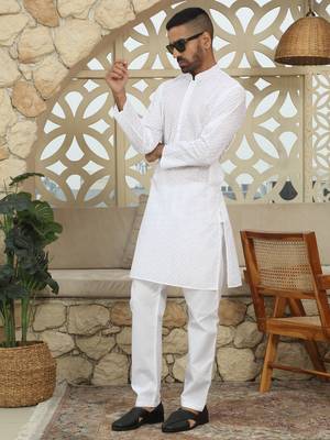 White cotton chikankari embroidered straight kurta with pyjama 5
