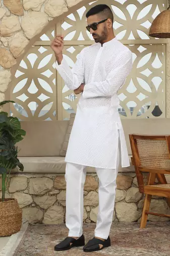 White cotton chikankari embroidered straight kurta with pyjama