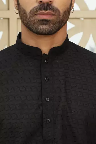 Black cotton chikankari embroidered straight kurta with pyjama