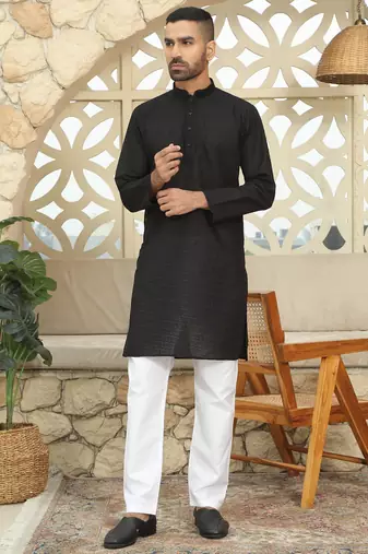 Black cotton chikankari embroidered straight kurta with pyjama