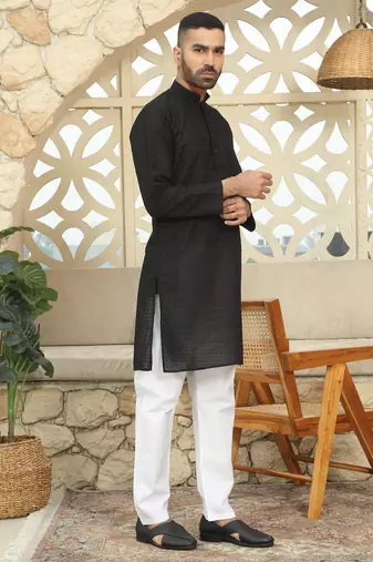 Black cotton chikankari embroidered straight kurta with pyjama