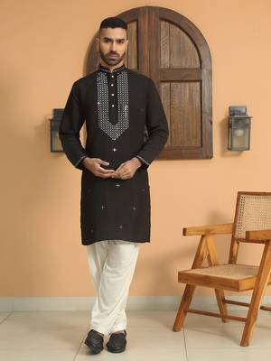 Cotton silk sequined embroidered yoke design black kurta with cream salwar 1