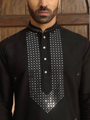 Cotton silk sequined embroidered yoke design black kurta with cream salwar 3