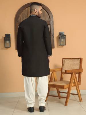 Cotton silk sequined embroidered yoke design black kurta with cream salwar 4