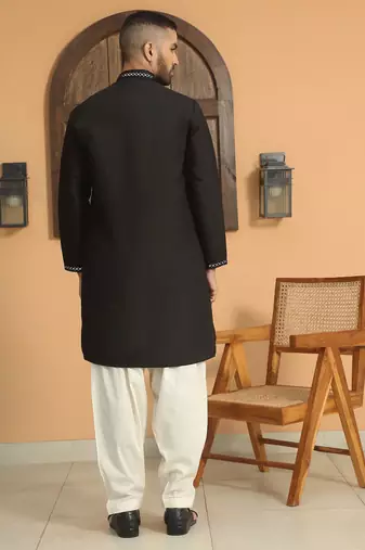 Cotton silk sequined embroidered yoke design black kurta with cream salwar