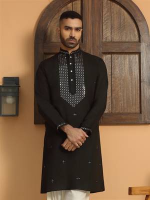 Cotton silk sequined embroidered yoke design black kurta with cream salwar 6