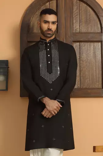 Cotton silk sequined embroidered yoke design black kurta with cream salwar