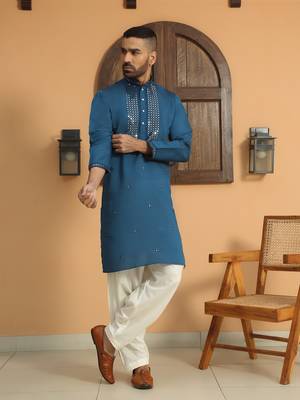 Cotton silk sequined embroidered yoke design blue kurta with cream salwar 1