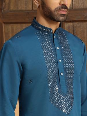Cotton silk sequined embroidered yoke design blue kurta with cream salwar 2