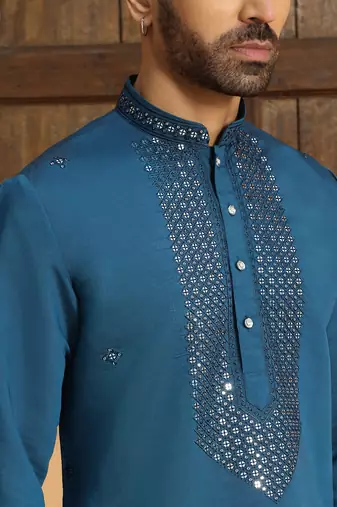 Cotton silk sequined embroidered yoke design blue kurta with cream salwar