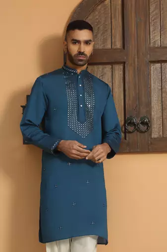 Cotton silk sequined embroidered yoke design blue kurta with cream salwar