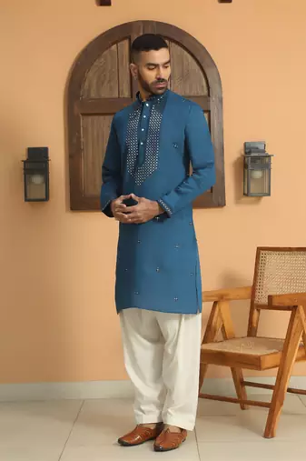 Cotton silk sequined embroidered yoke design blue kurta with cream salwar
