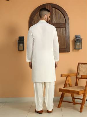 Cotton silk sequined embroidered yoke design cream kurta with cream salwar 3