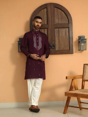 Cotton silk sequined embroidered yoke design wine kurta with cream salwar 1