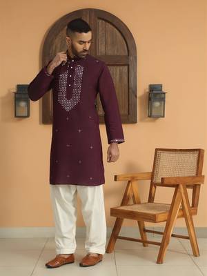Cotton silk sequined embroidered yoke design wine kurta with cream salwar 5