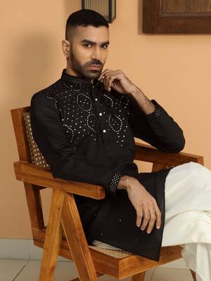 Cotton silk sequins work embroidered black kurta with cream patiala salwar 1