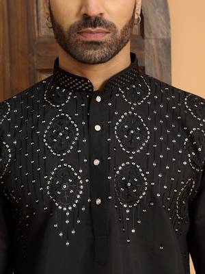 Cotton silk sequins work embroidered black kurta with cream patiala salwar 2