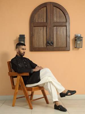 Cotton silk sequins work embroidered black kurta with cream patiala salwar 5