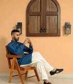 Cotton silk sequins work embroidered blue kurta with cream patiala salwar