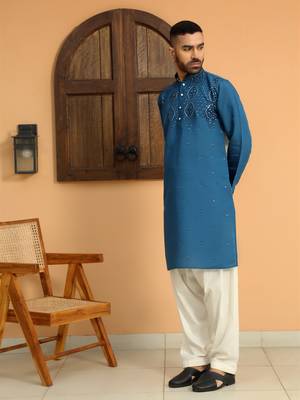 Cotton silk sequins work embroidered blue kurta with cream patiala salwar 5