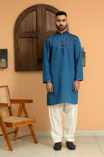 Cotton silk sequins work embroidered blue kurta with cream patiala salwar