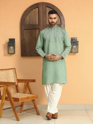 Cotton silk sequins work embroidered green kurta with cream patiala salwar 5
