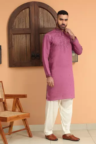Cotton silk sequins work embroidered mauve kurta with cream patiala salwar