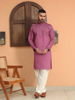 Cotton silk sequins work embroidered mauve kurta with cream patiala salwar 5