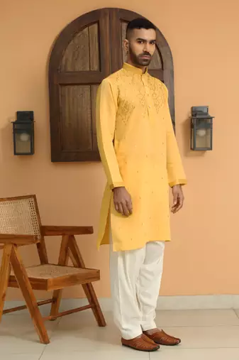 Cotton silk sequins work embroidered yellow kurta with cream patiala salwar