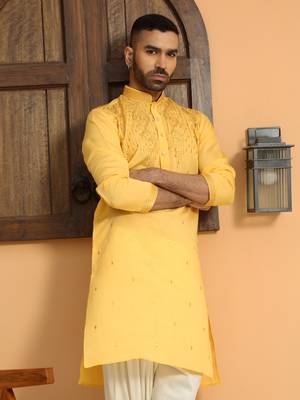 Cotton silk sequins work embroidered yellow kurta with cream patiala salwar 5