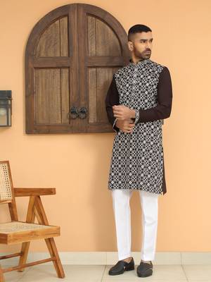Cotton silk embroidered black kurta with cotton trouser pant 4