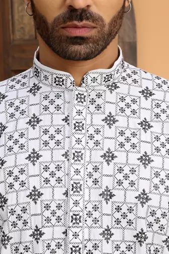 Cotton silk embroidered white kurta with cotton trouser pant