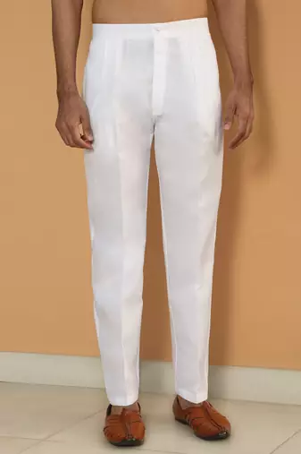 Cotton silk embroidered white kurta with cotton trouser pant