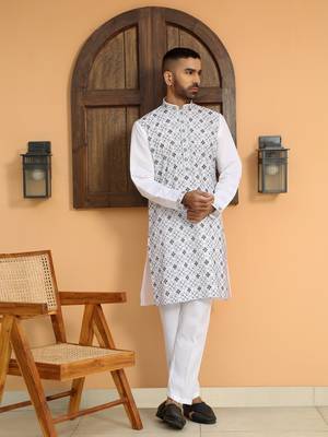 Cotton silk embroidered white kurta with cotton trouser pant 5