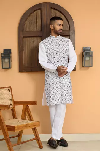 Cotton silk embroidered white kurta with cotton trouser pant