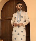 Ethnic motifs embroidered cotton silk beige kurta with cotton black trouser pant
