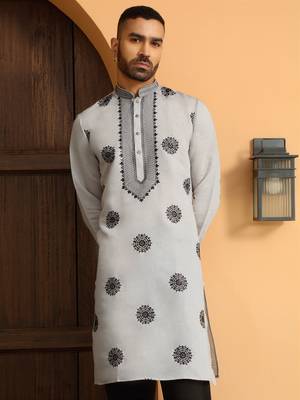 Ethnic motifs embroidered cotton silk grey kurta with cotton black trouser pant 1