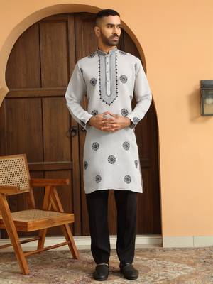 Ethnic motifs embroidered cotton silk grey kurta with cotton black trouser pant 6
