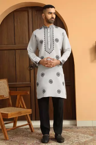 Ethnic motifs embroidered cotton silk grey kurta with cotton black trouser pant