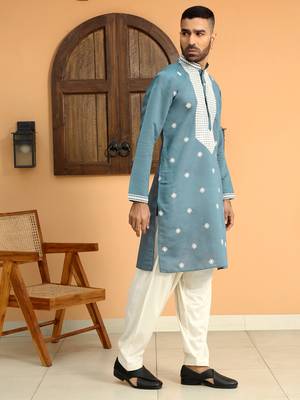 Embroidered yoke design cotton silk blue kurta with patiala salwar 4