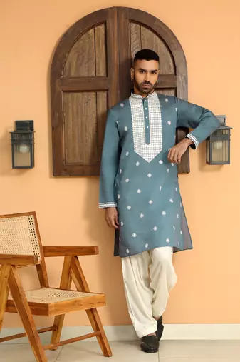 Embroidered yoke design cotton silk blue kurta with patiala salwar