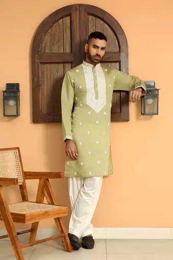 Embroidered yoke design cotton silk green kurta with patiala salwar