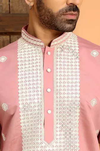 Embroidered yoke design cotton silk pink kurta with patiala salwar