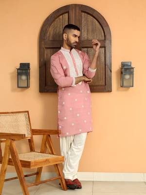 Embroidered yoke design cotton silk pink kurta with patiala salwar 5