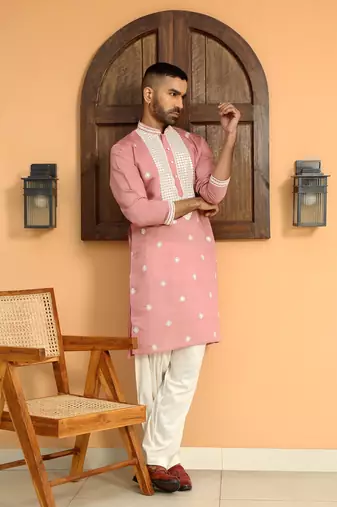 Embroidered yoke design cotton silk pink kurta with patiala salwar