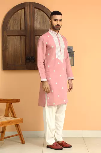 Embroidered yoke design cotton silk pink kurta with patiala salwar